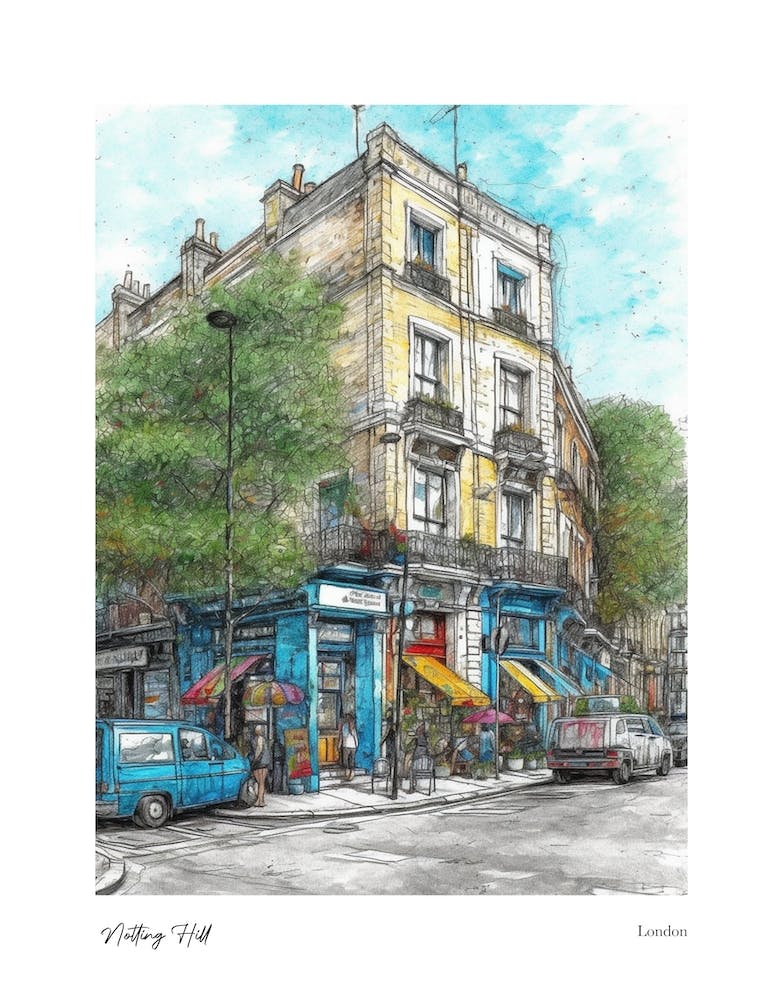 Notting Hill London Bleistiftskizze 2 Aquarell Reise-Poster