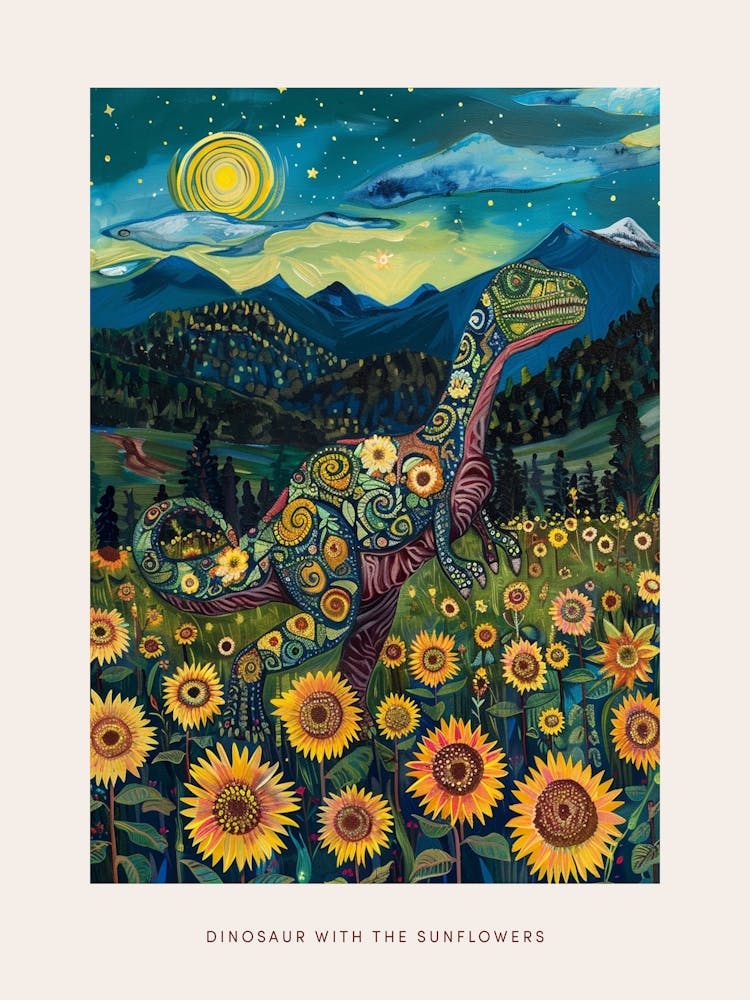 Dinosaur In A Sunflower Field Landscape Painting 3 Poster