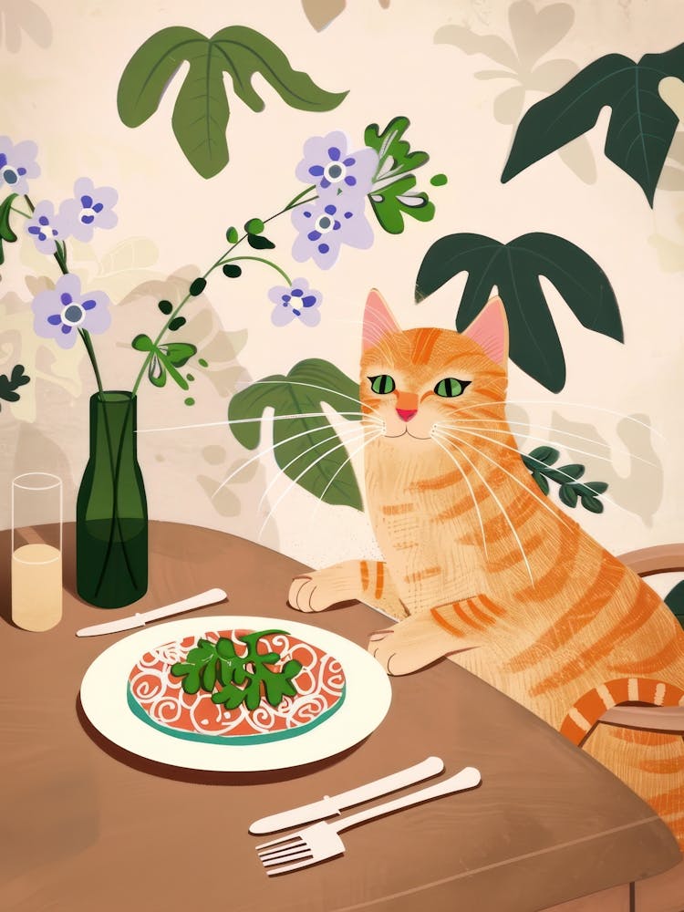 Cat And Pasta With Spinach