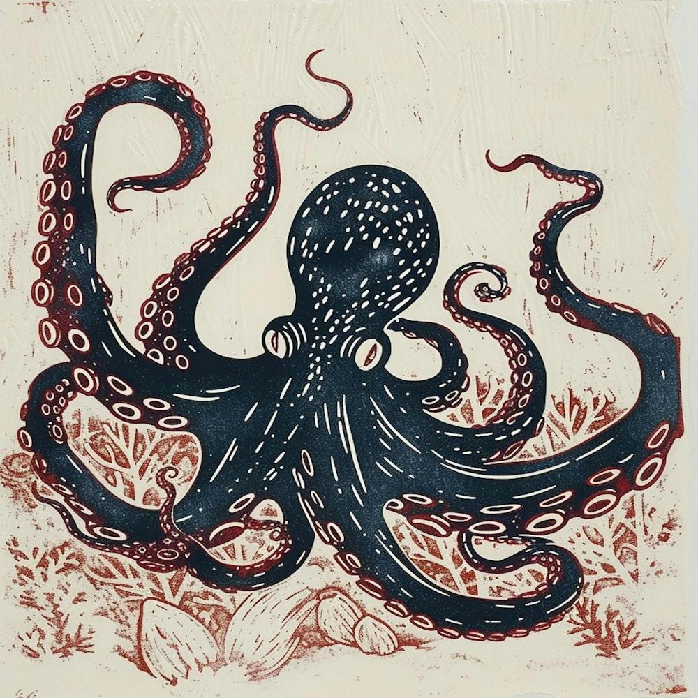 Navy Blue Linocut Inspired Octopus  1