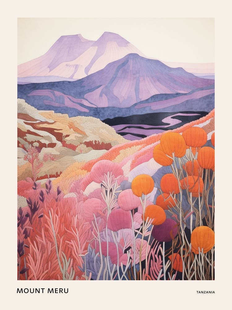 Mount Meru Tanzania Colourful Mountain Illustration Poster