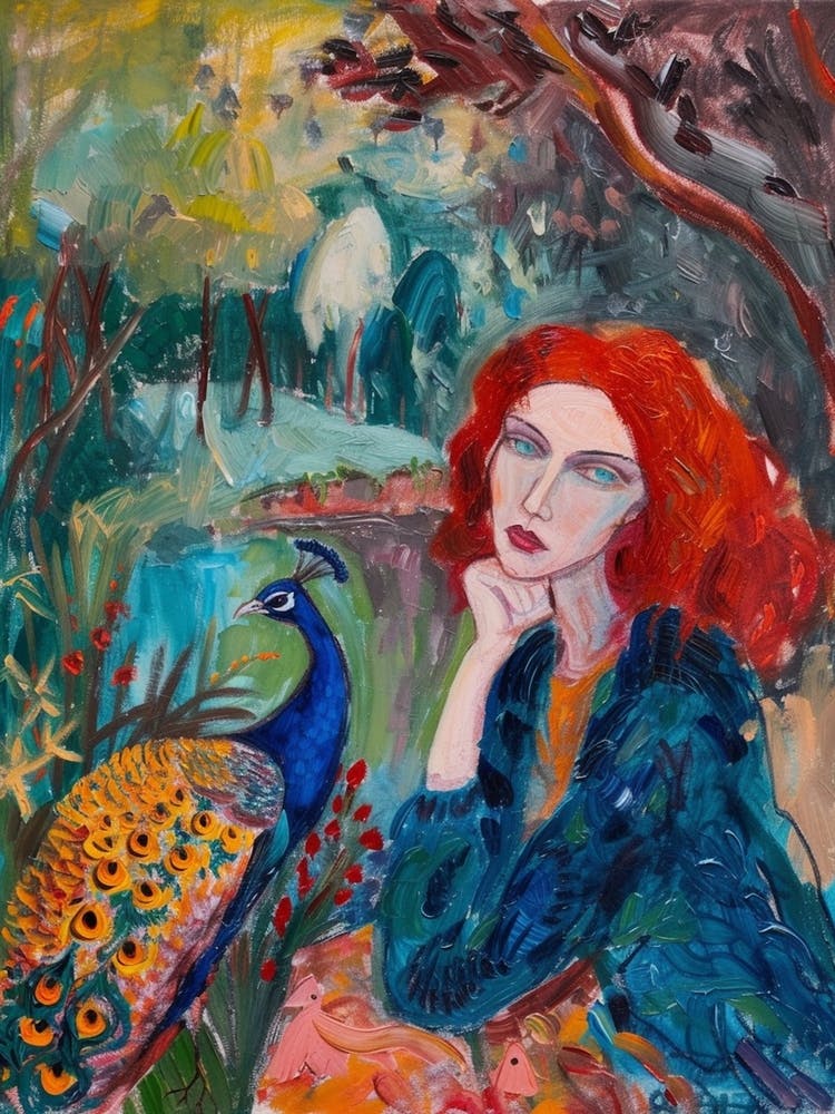 Peacock & Red Haired Woman Brushstroke