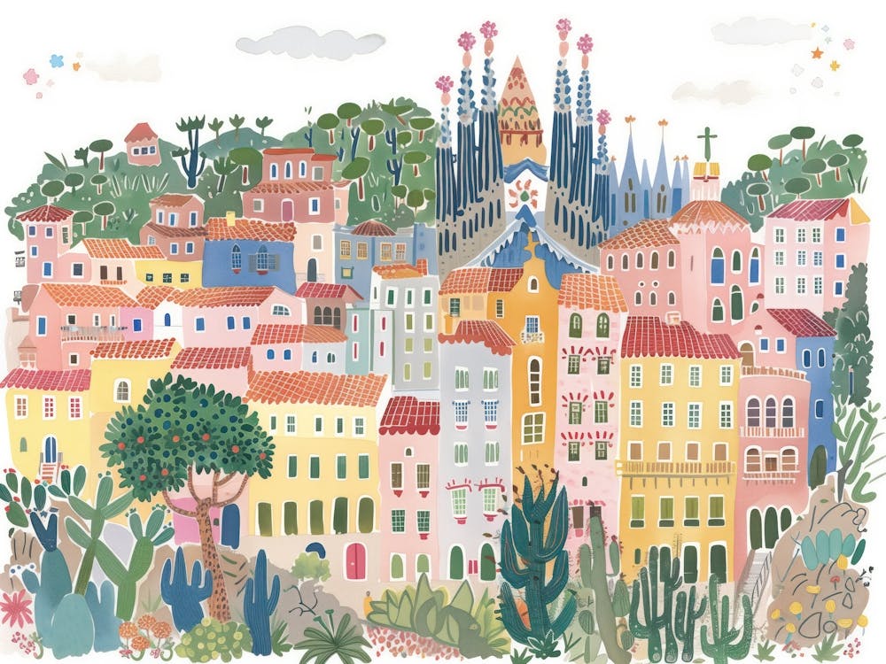 Barcelona Spain Landmarks Painting Landscape