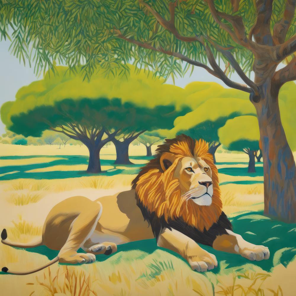 Lions Resting under Acacia Trees Series. Style of David Hockney 1