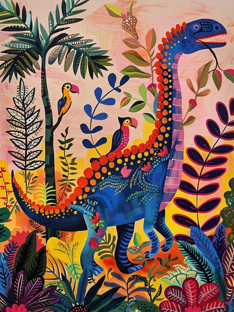 Colourful Blue Dinosaur With Parrots