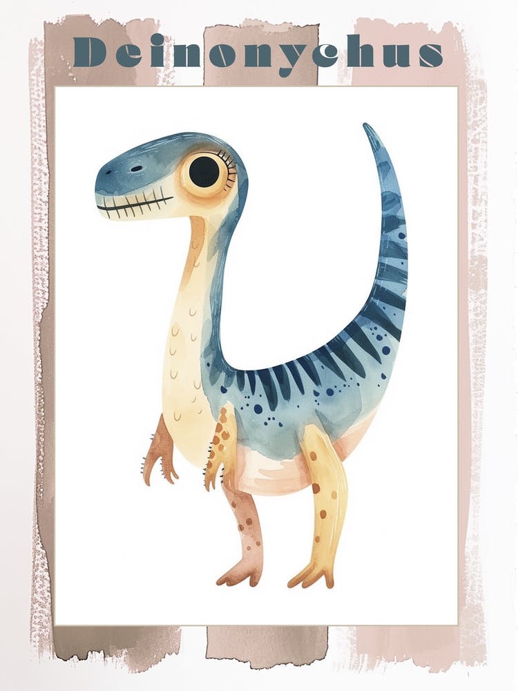 Cute Cartoon Deinonychus Dinosaur Watercolour 1 Poster