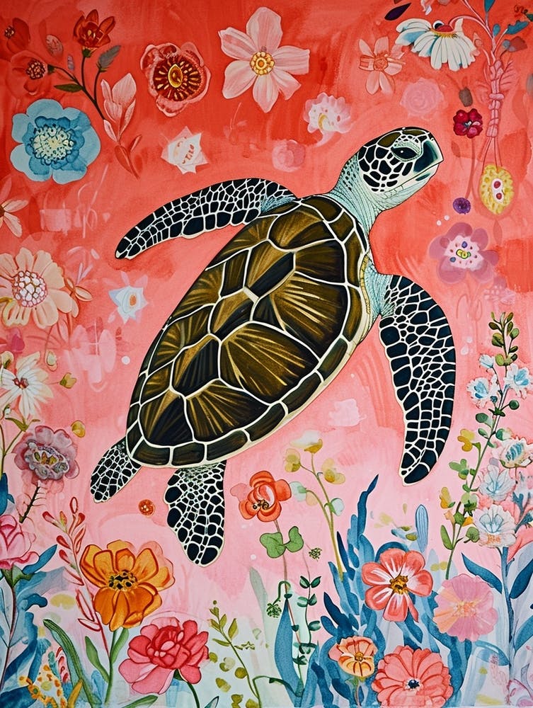 Floral Animal Painting Sea Turtle 1