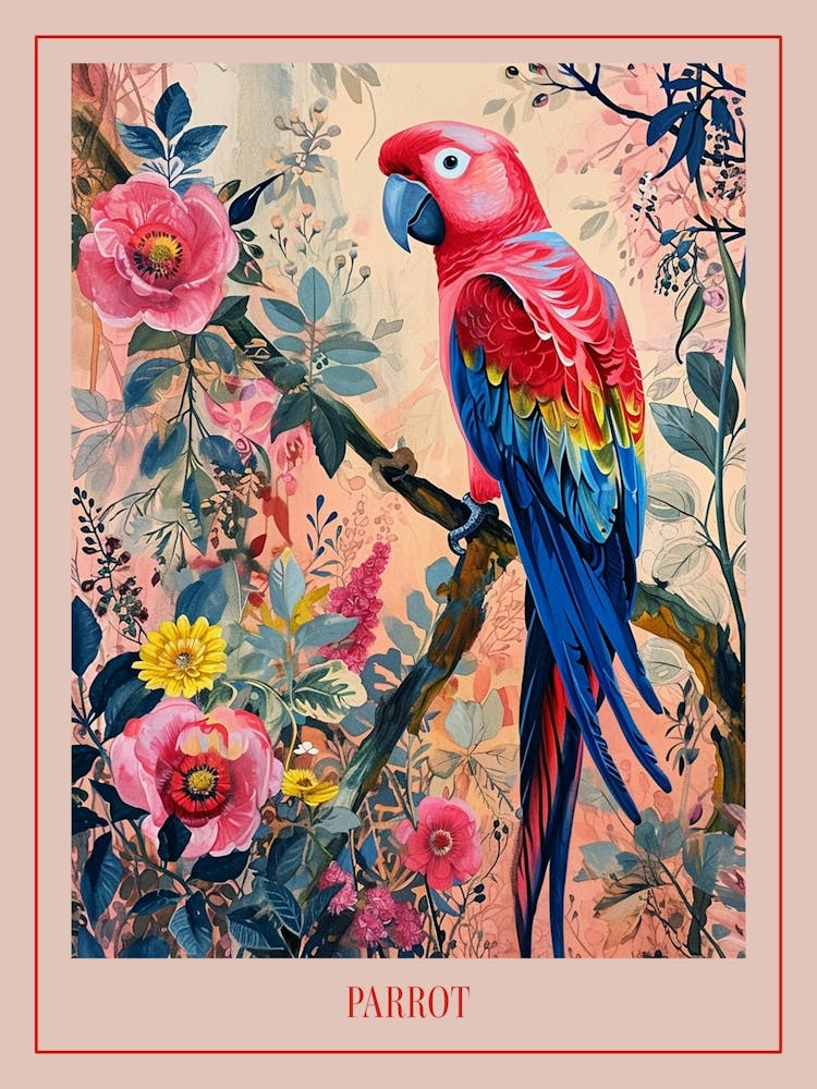 Floral Animal Painting Parrot 4 Poster