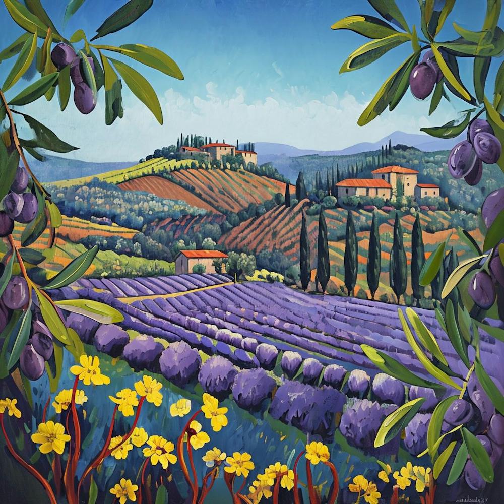 Vibrant Expressionist Landscape With Olive Trees And Lavender Fields 1