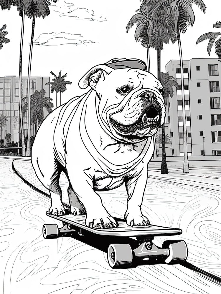 English Bulldog Dog Skateboarding Line Art 3