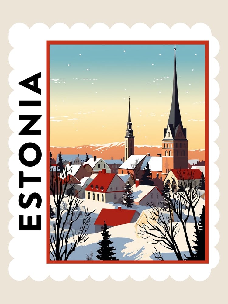 Retro Winter Stamp Poster Tallinn Estonia 3