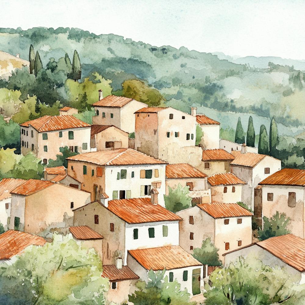 Watercolor Of Tuscan Village
