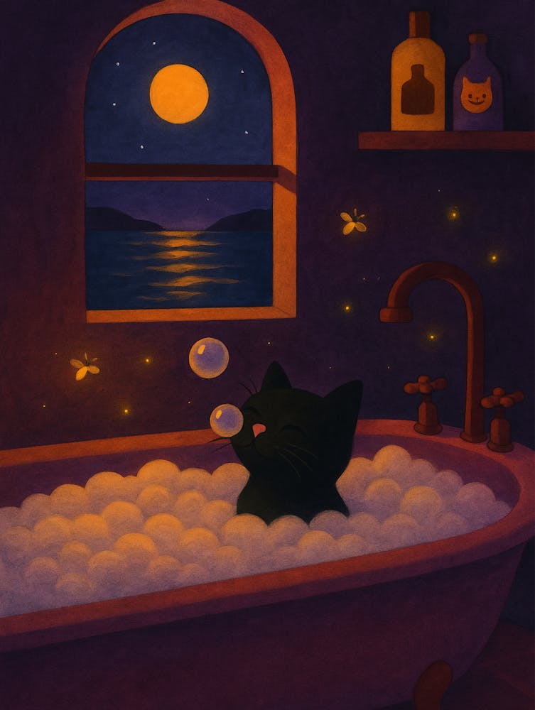 Affiche Chat Noir dans une Baignoire - Art Mural Chat Mignon et Douillet pour Décoration de Salle de Bain et de Chambre