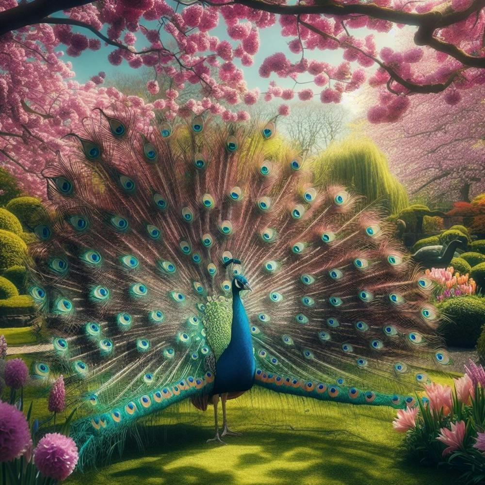 Ein Majestätischer Pfau Der Seine Farbenprächtigen Federn In Einem Üppigen, Frühlingshaften Botanischen Garten Zeigt