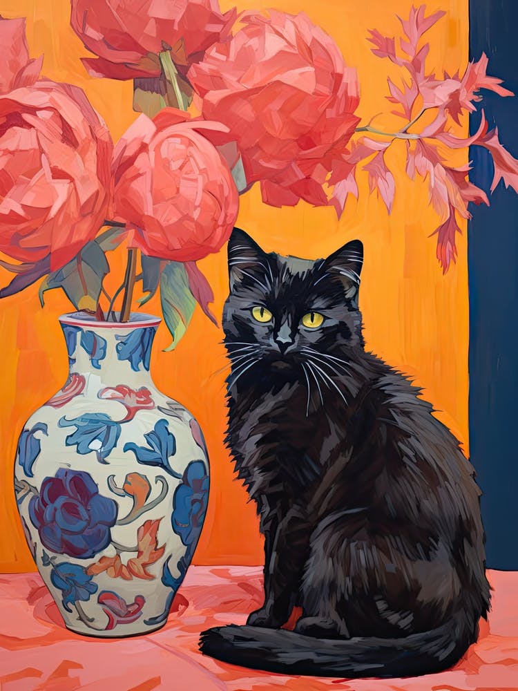 Vase de Fleurs de Pivoine et un Chat, Une Peinture Dans le Style de Matisse 2