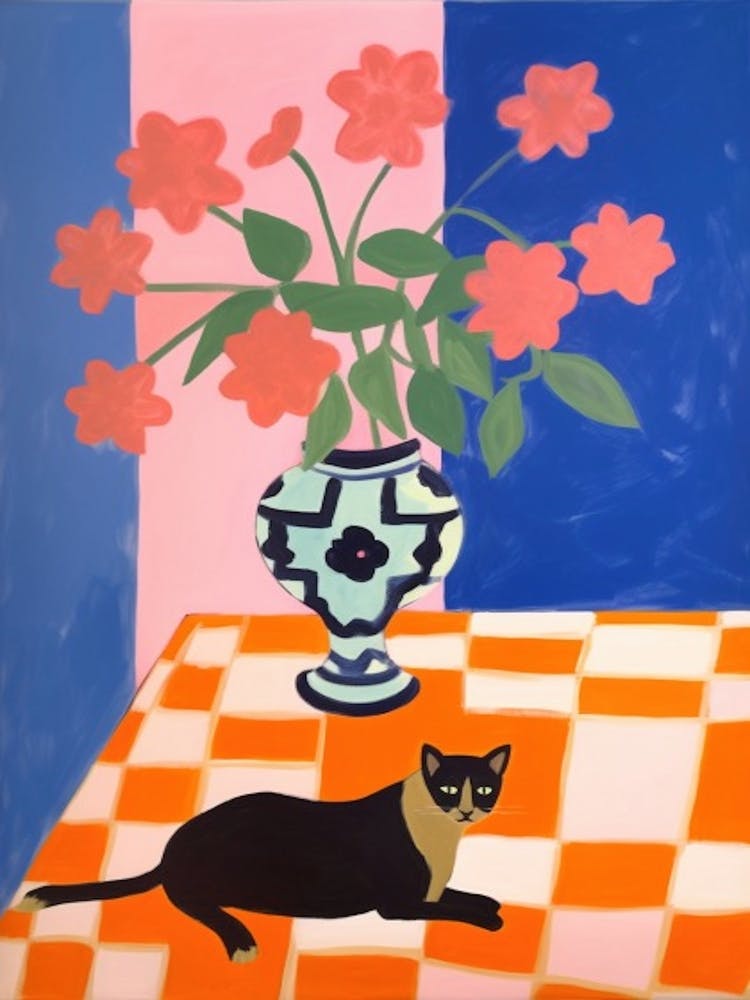 A Painting Of A Still Life Of A Dahlia With A Cat In The Style Of Matisse 2