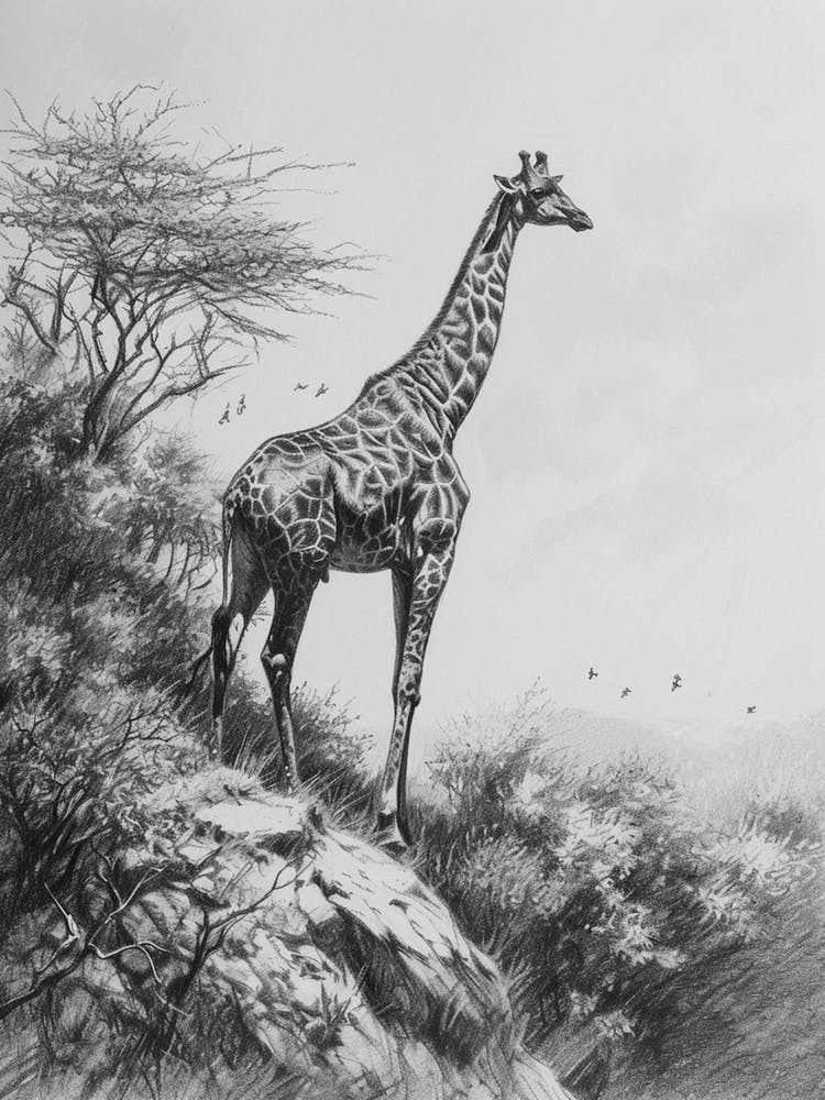 Giraffe On The Cliff Edge Pencil Drawing 4
