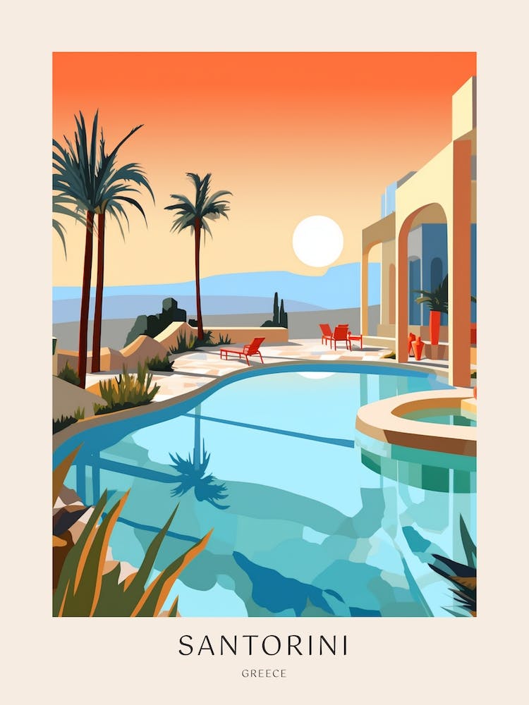 Santorini, Greece 4 Midcentury Modern Pool Poster