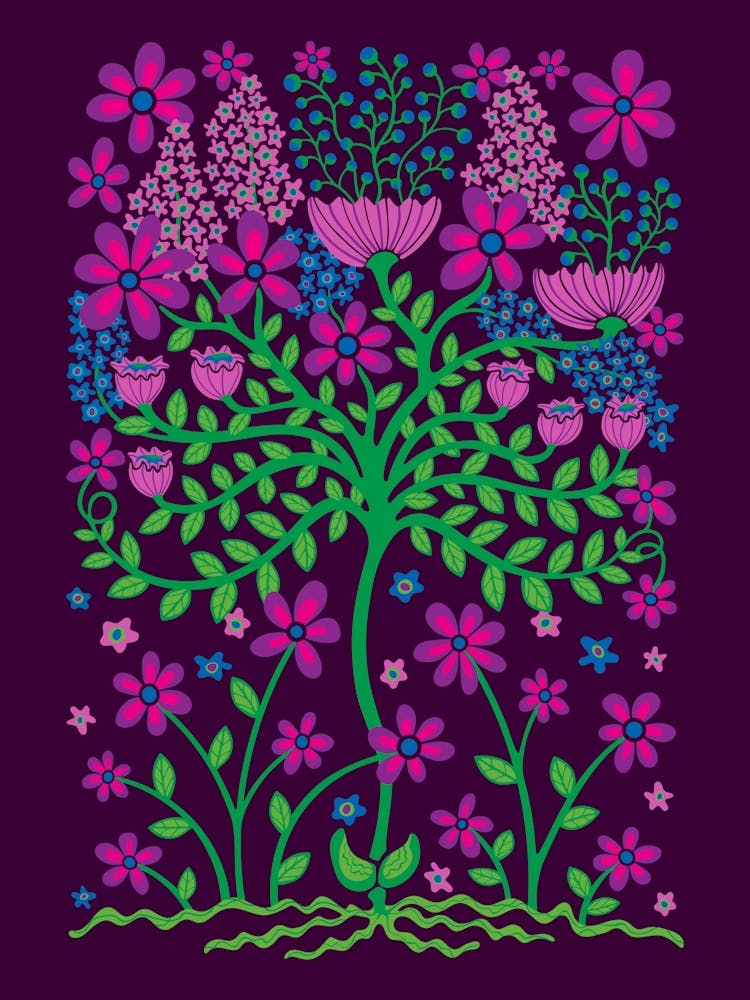 FLOWER BURST Vintage Cottage Floral Botanical in Pink Purple Kelly Green on Deep Purple