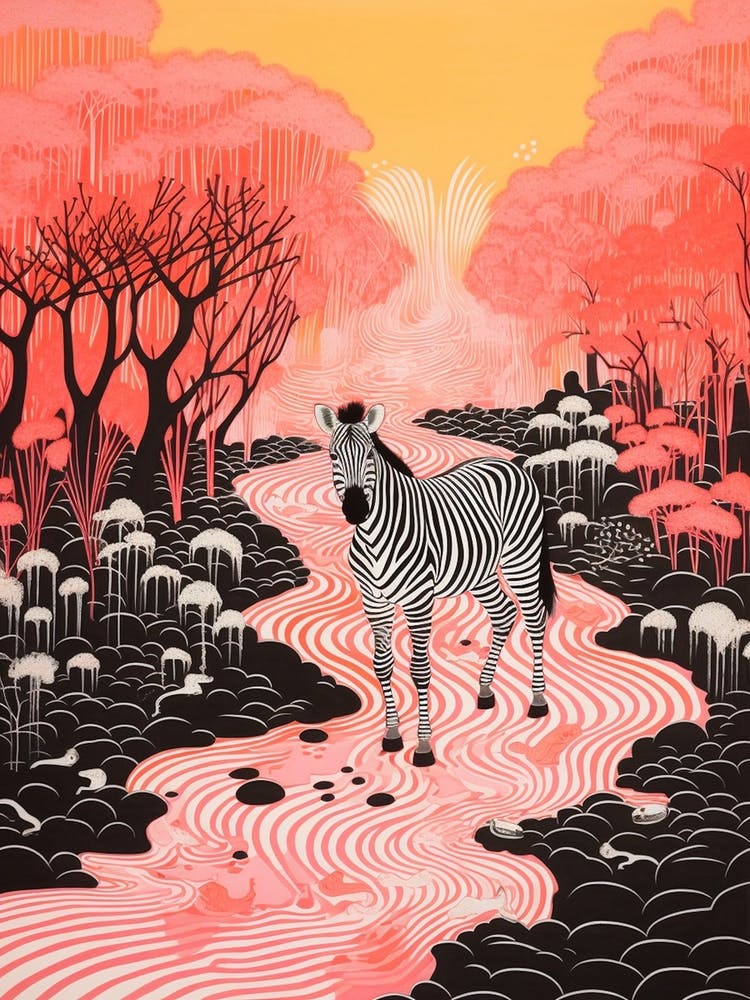 Linocut Pink & Red Inspired Zebra 5