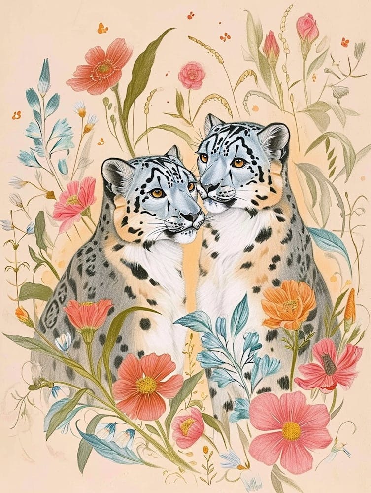 Folksy Floral Animal Drawing Snow Leopard 3