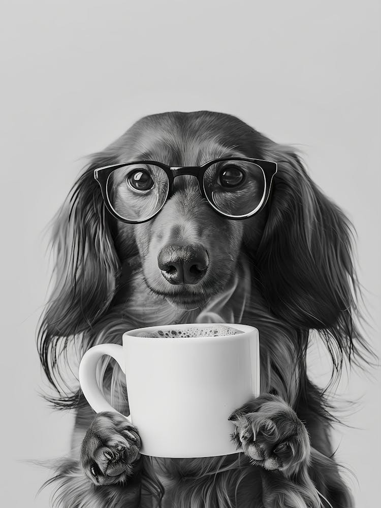 Long Haired Dachshund And Coffee Wall Art, Black And White Print, Coffee Lover Print, Funny Dog Poster, Coffee Bar Art, Kitchen Wall Decor (1)