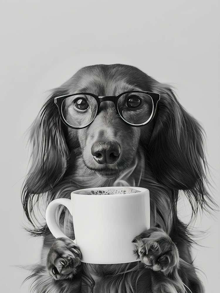 Long Haired Dachshund And Coffee Wall Art, Black And White Print, Coffee Lover Print, Funny Dog Poster, Coffee Bar Art, Kitchen Wall Decor (1)