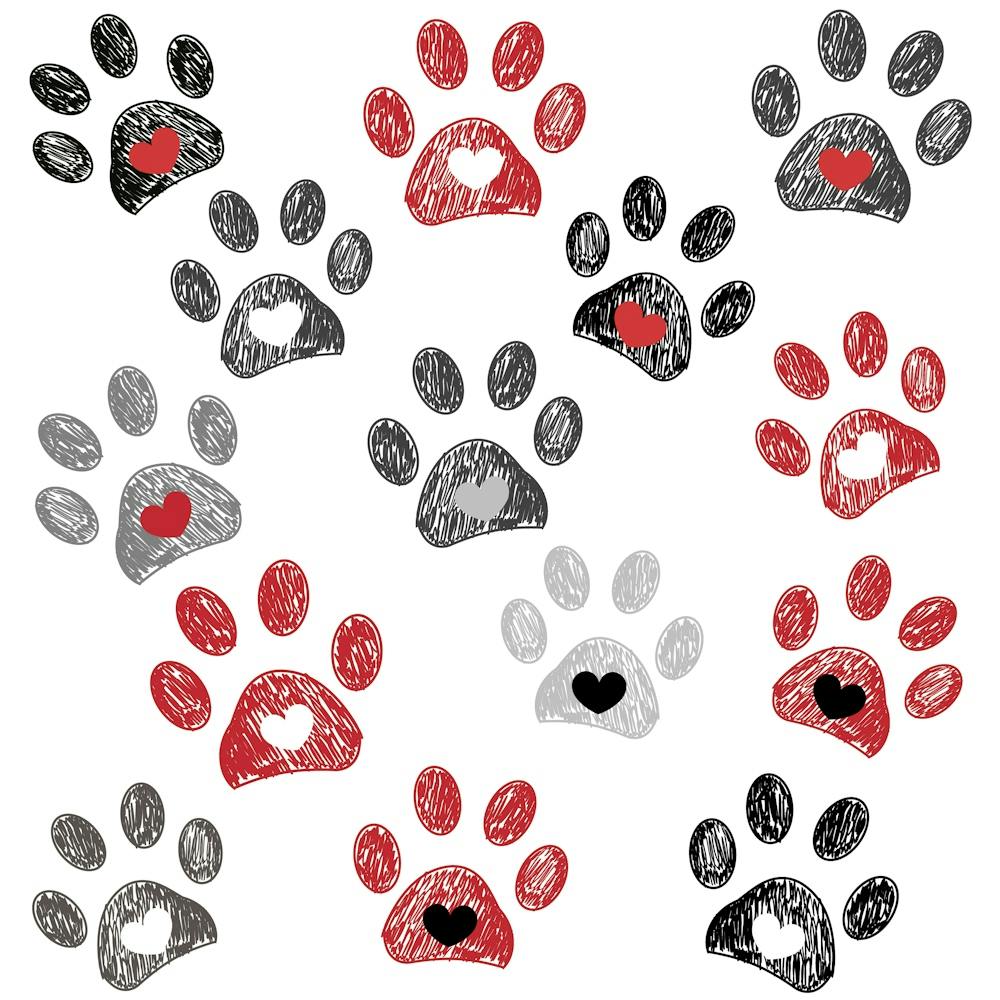Black And Red Paw Print With Hearts Vector Background