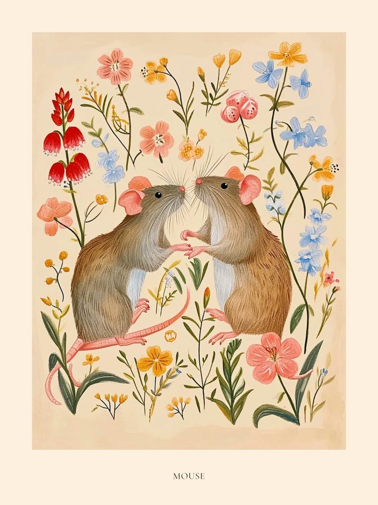 Folksy Floral Animal Drawing Mouse 6 Poster