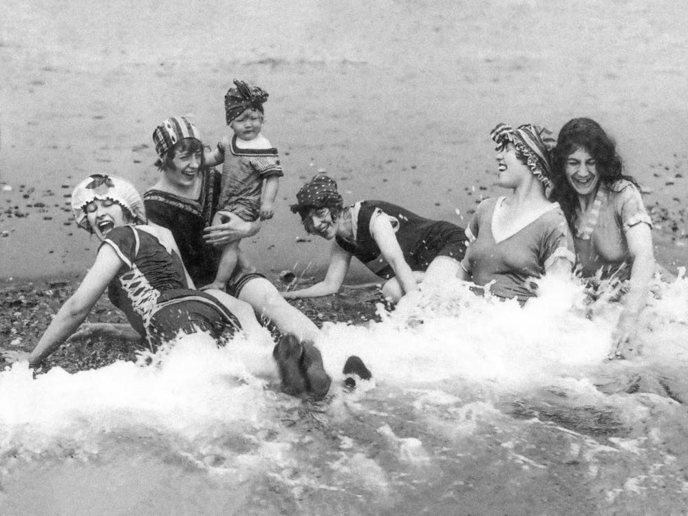 Women Having Fun At The Beach, Black and White Vintage Old Photo