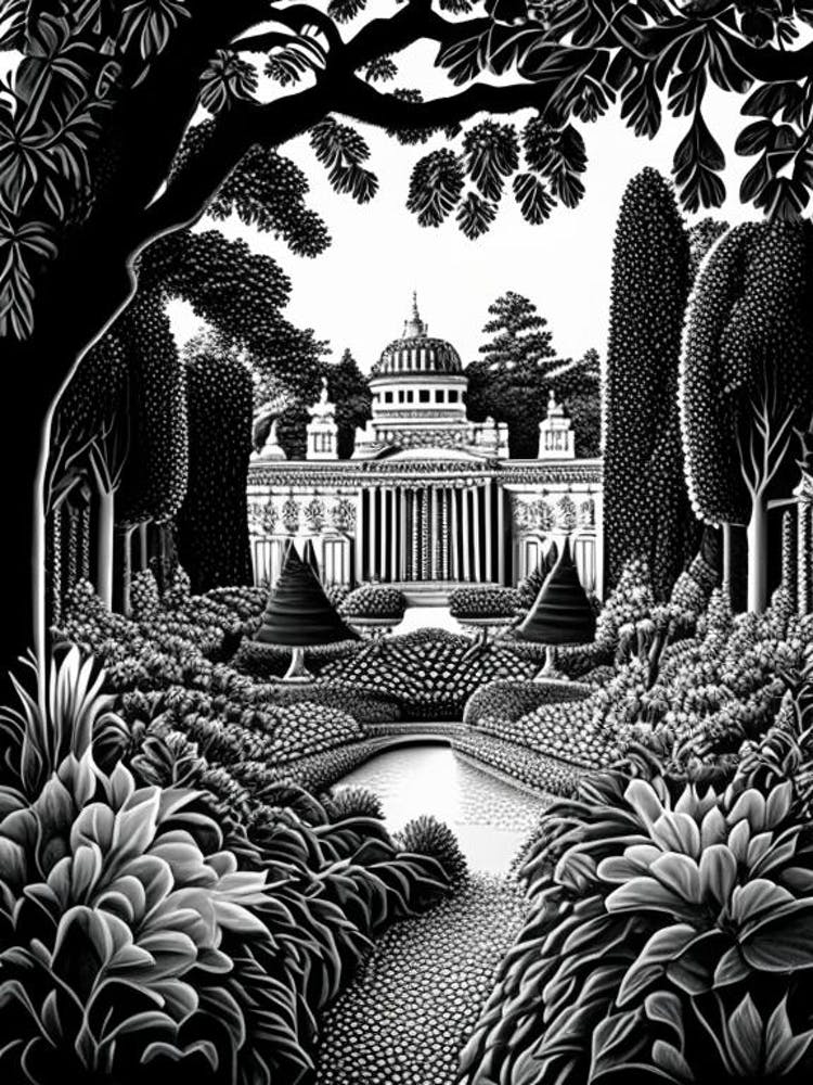 Schönbrunn Palace Gardens, 1, Austria Linocut Black And White Vintage