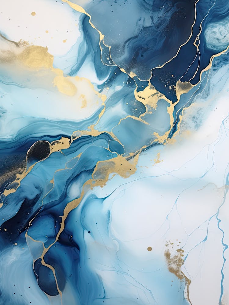 Blue, White, Gold Flow Asbtract Painting 2