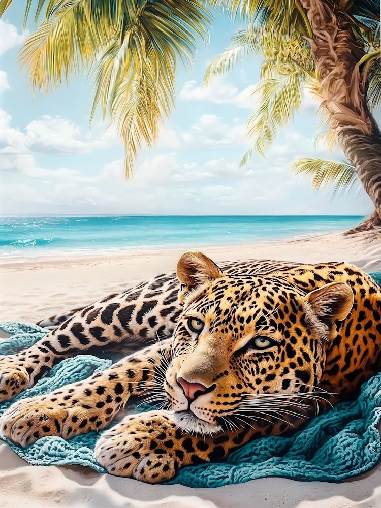 Leopard On The Beach Poster Leopard Wall Art Coastal Beach Art Tropical Art Maximalist Cheetah Poster Dorm Decor Maximalist Decor