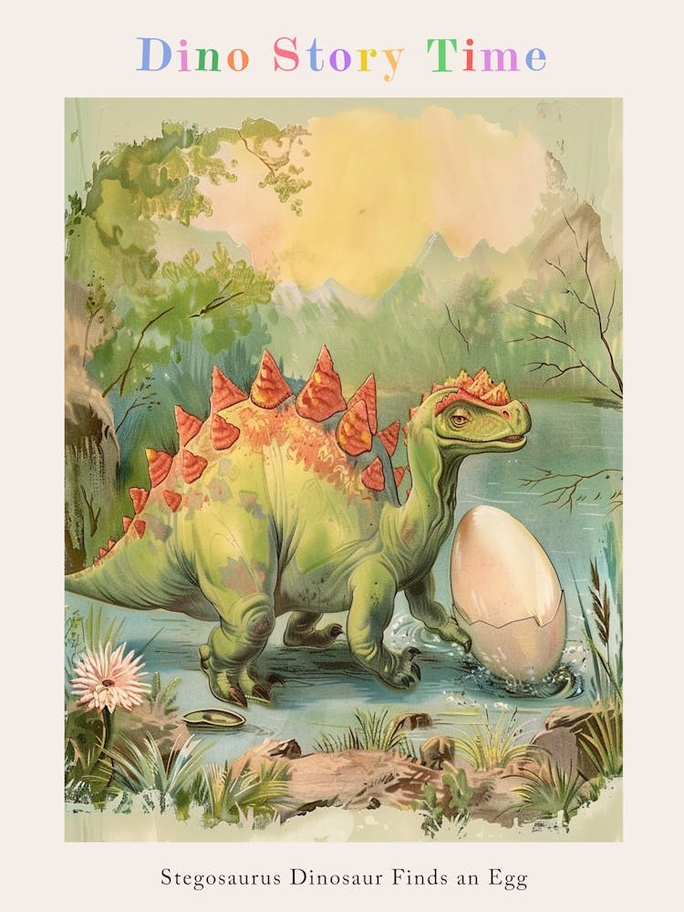 Stegosaurus Dinosaur Finds An Egg Vintage Watercolour Painting Poster
