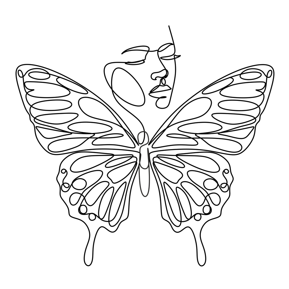 Woman face with butterfly one line drawing 1