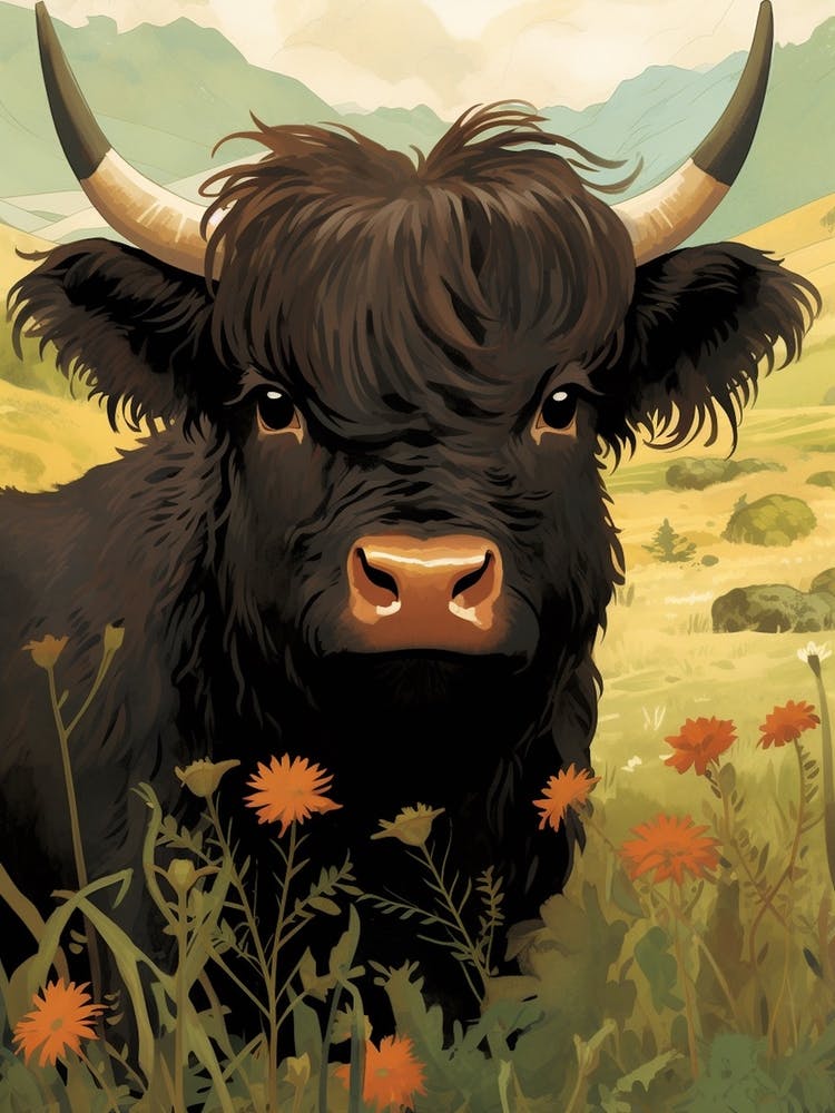 Animierter Schwarzer Stier auf Blumenwiese