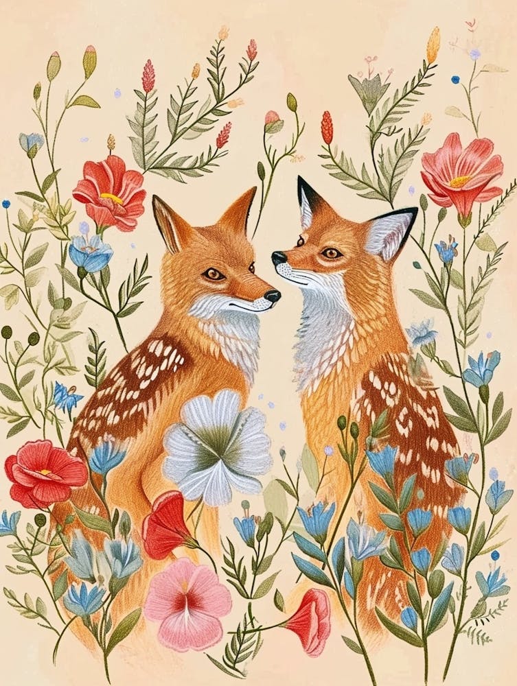 Folksy Floral Animal Drawing Fox