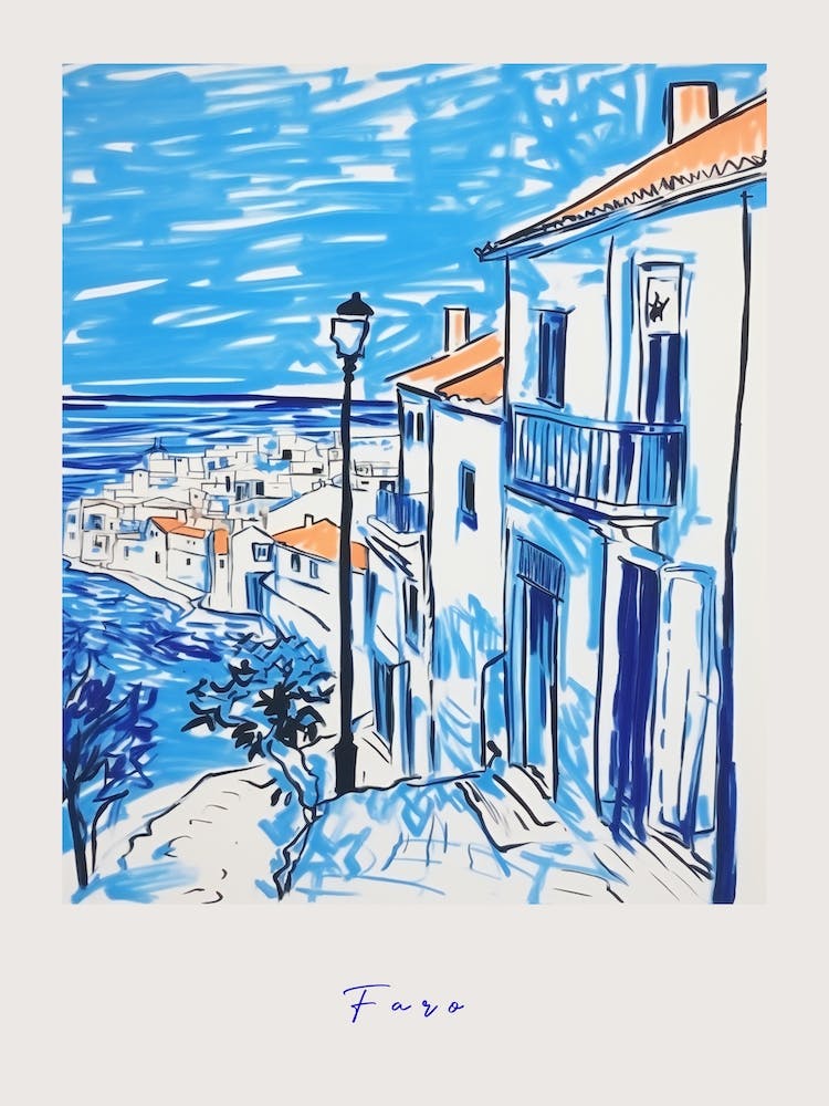 Faro Portugal Mediterranean Blue Drawing Poster