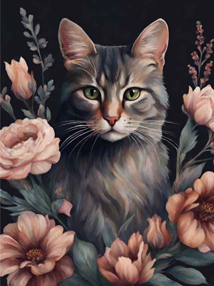 Cat With Flowers Moody Boho Style