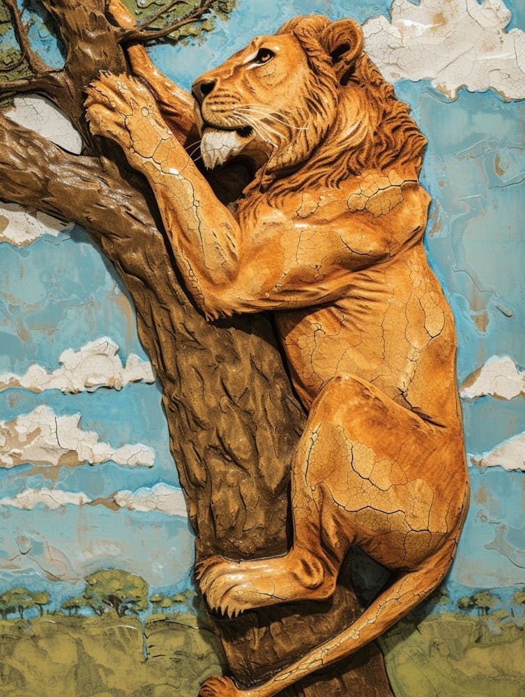 African Lion Relief Illustration Climbing A Tree 4