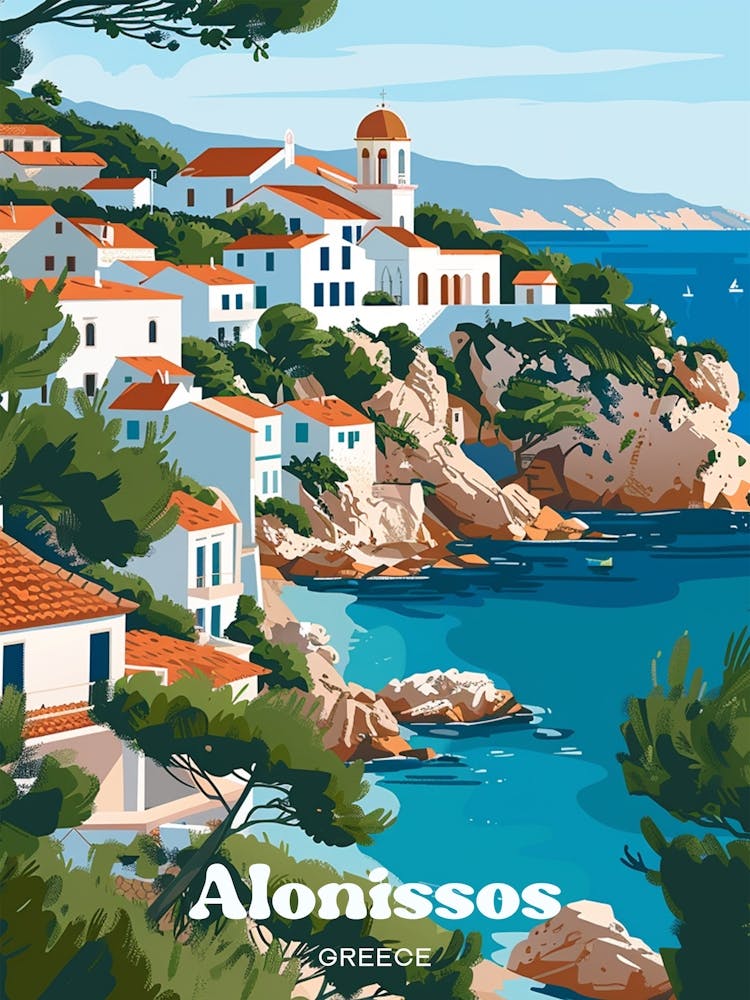 Alonissos Greece Coastal Travel Art Illustration