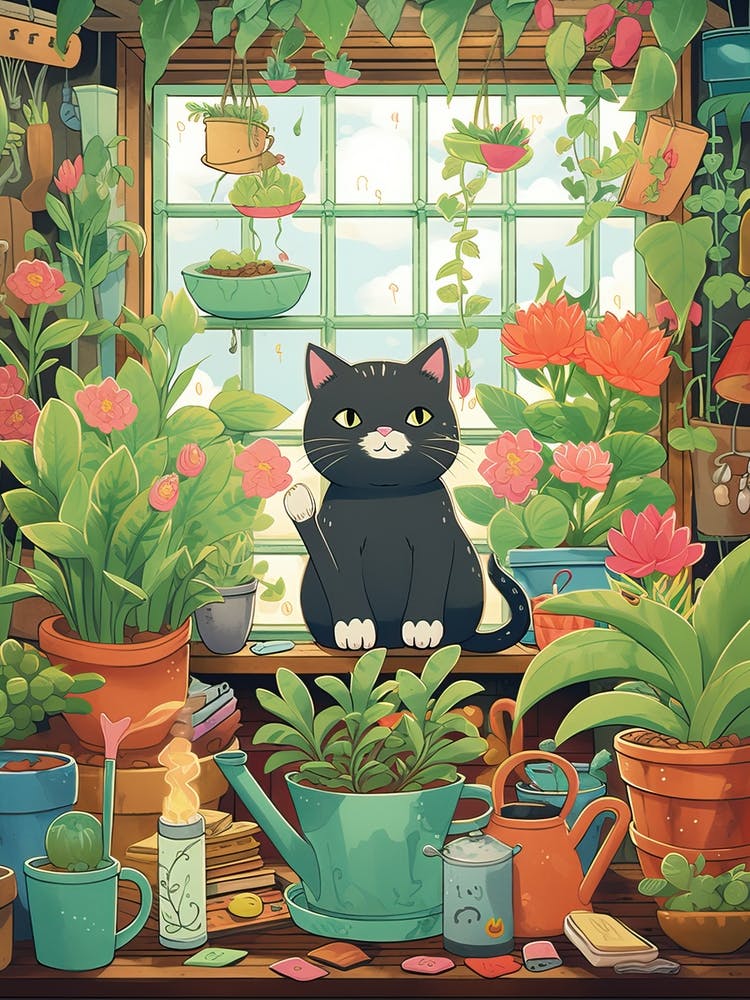 Kawaii Cat Drawings Gardening 4