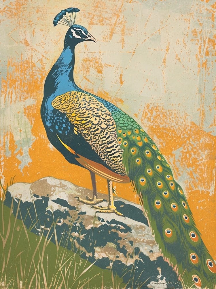 Blue Mustard Peacock Portrait On A Rock 1