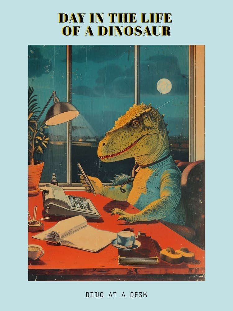 Dinosaur At A Desk Retro Collage Poster