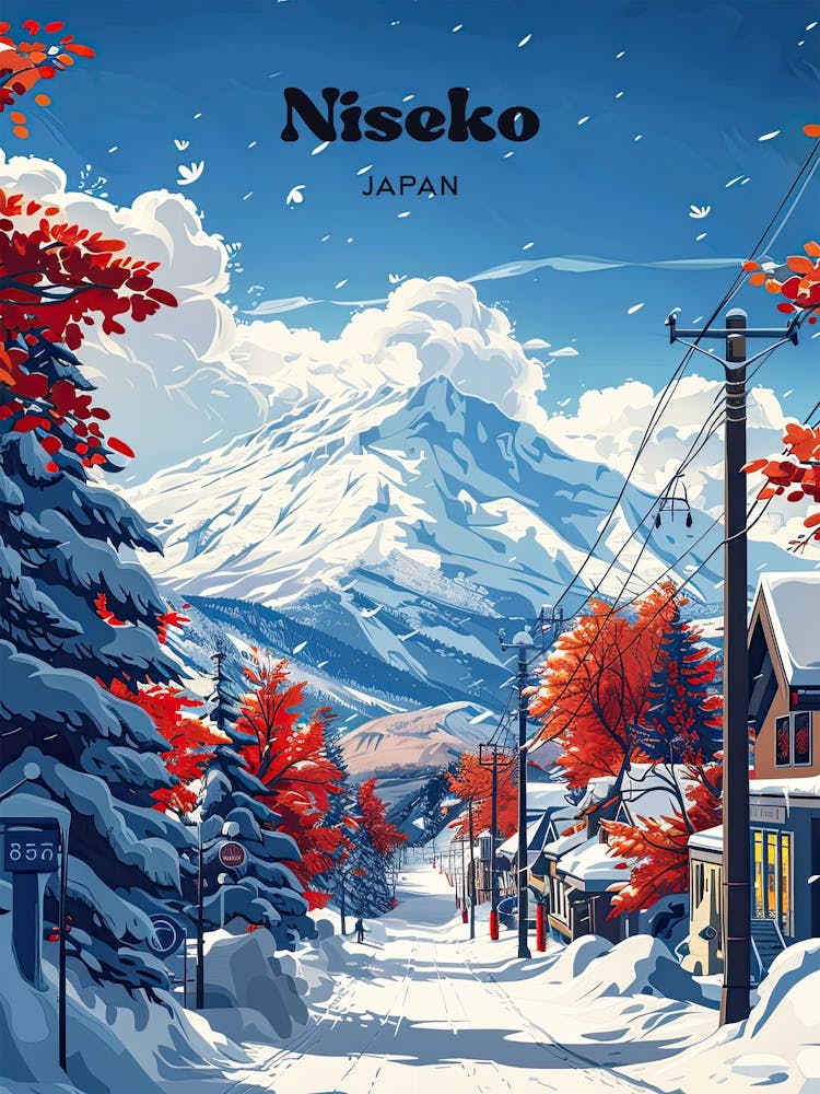 Niseko Japan Powder Snow Travel Art Illustration