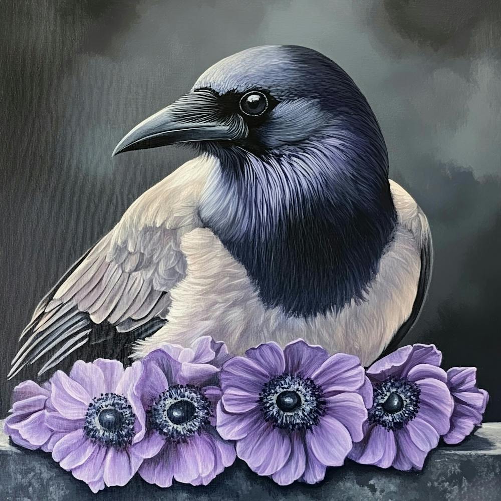 Crow With Purple Flowers Art