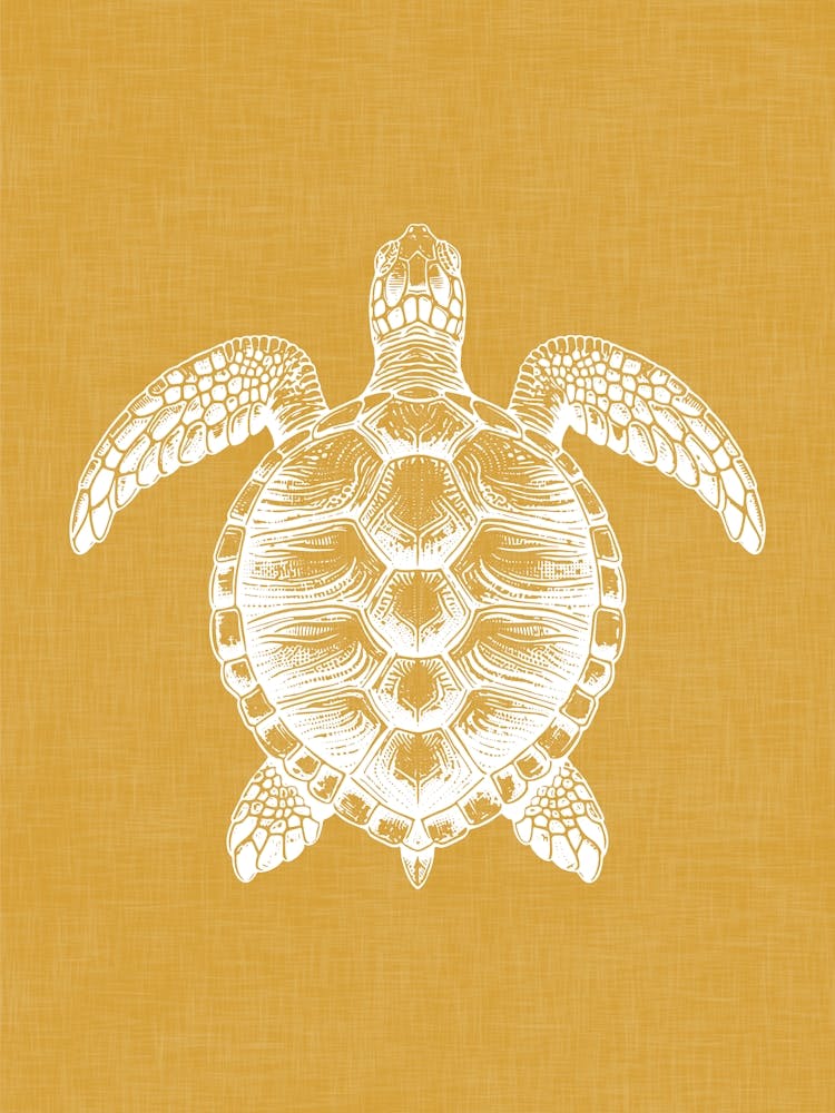 Vintage Sea Turtle Silhouette On Mustard Linen Texture