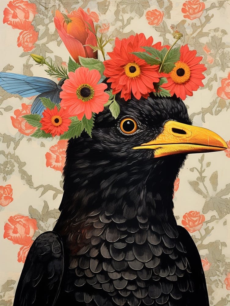 Oiseau Avec Une Couronne De Fleurs Merle 1