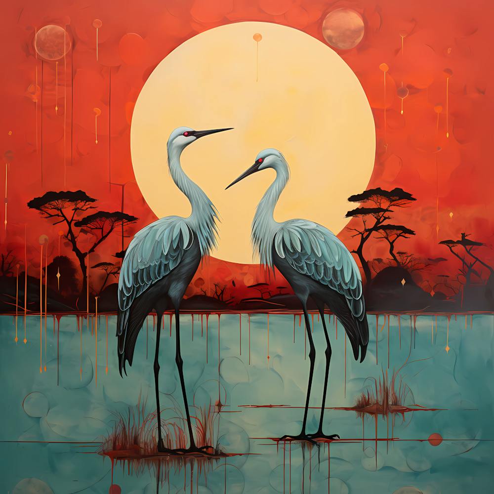 Crimson Canvas: Graceful Cranes Amidst Turquoise Waves