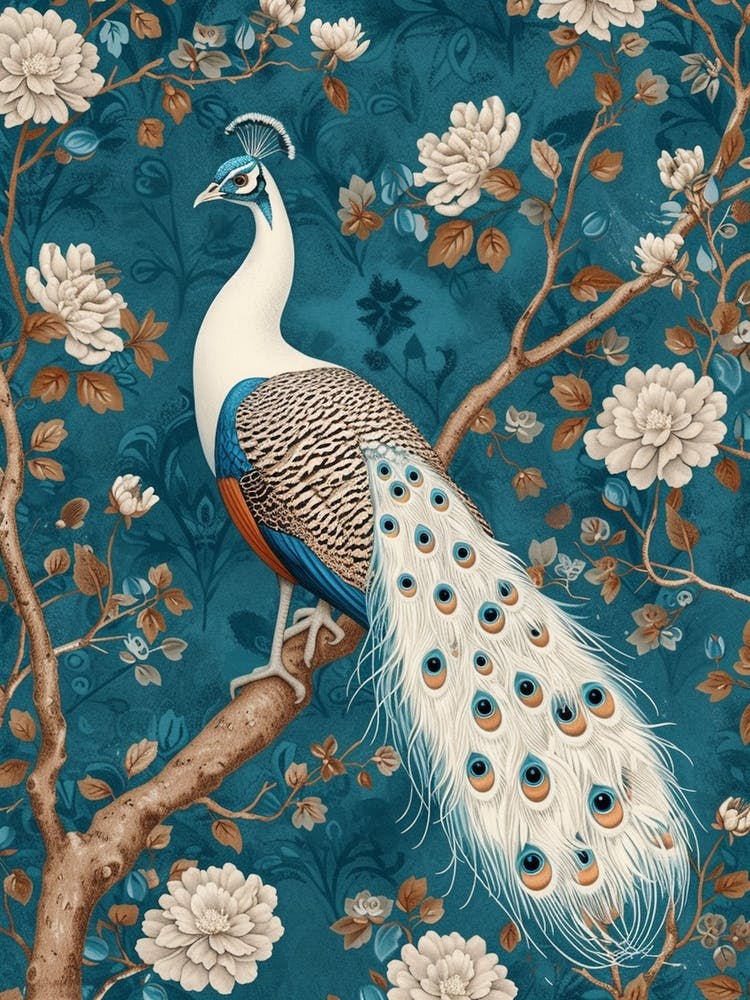 Turquoise & White Peacock On A Branch Wallpaper
